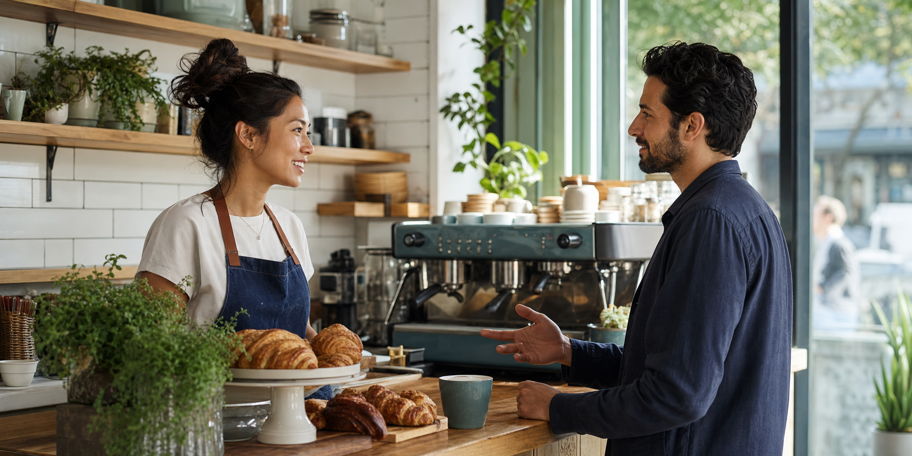 Two people speaking in a coffee shop during a Sage Owl English mission